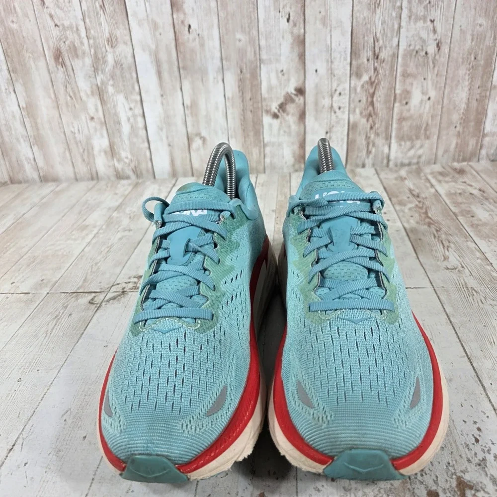 Hoka One One Clifton 8 Womens 7.5 Running Shoes Aquarelle Blue Red 1119394 AEBL